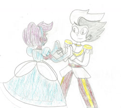 Size: 1024x914 | Tagged: safe, artist:rarity525, rumble, scootaloo, human, equestria girls, g4, alternate hairstyle, cinderella, clothes, dancing, dress, evening gloves, female, gloves, gown, holding hands, long gloves, male, poofy shoulders, ship:rumbloo, shipping, smiling, straight, suit, traditional art
