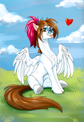 Size: 1099x1600 | Tagged: safe, artist:sunny way, oc, oc only, oc:sunny way, butterfly, pegasus, pony, :p, art, artwork, belly, cloud, concave belly, cute, digital art, eye clipping through hair, eyebrows, eyebrows visible through hair, feather, female, field, floating heart, floppy ears, frog (hoof), grass, heart, hooves, mare, mlem, partially open wings, silly, sitting, slender, solo, sternocleidomastoid, sunny day, thin, tongue out, underhoof, wings