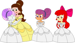 Size: 1024x595 | Tagged: safe, artist:rarity525, apple bloom, scootaloo, sweetie belle, human, equestria girls, g4, ^^, alternate hairstyle, apple bloom's bow, beauty and the beast, belle, bow, clothes, cute, cutie mark crusaders, daaaaaaaaaaaw, dress, evening gloves, eyes closed, female, gloves, gown, hair bow, hands behind back, hug, long gloves, simple background, smiling, transparent background