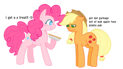 Size: 1197x668 | Tagged: safe, artist:cutecandycane, applejack, pinkie pie, earth pony, pony, g4, dialogue, duo, duo female, english, female, food, pie, pumpkin pie, simple background, transparent background