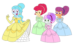 Size: 1024x603 | Tagged: safe, artist:rarity525, apple bloom, scootaloo, sweetie belle, oc, oc:jemimasparkle, human, equestria girls, g4, alternate hairstyle, belle, clothes, curtsey, cutie mark crusaders, dress, ear piercing, earring, evening gloves, female, gloves, gown, hands behind back, jewelry, long gloves, petticoat, piercing, princess costume, simple background, smiling, transparent background