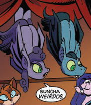 Size: 181x208 | Tagged: safe, artist:andypriceart, idw, official comic, amira, dudley nightshade, nightbloom, bat pony, pony, saddle arabian, g4, spoiler:comic, spoiler:comic61, convocation of the creatures, cropped, dialogue, female, male, mare, speech bubble, stallion, upside down