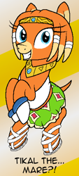 Size: 496x1100 | Tagged: safe, artist:realdash, earth pony, pony, aggie.io, bandage, clothes, crossover, cute, female, happy, hoof gloves, jewelry, looking at you, mare, pixel art, regalia, simple background, skirt, smiling, smiling at you, solo, sonic the hedgehog (series), tikal, tikal the echidna