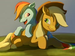Size: 2478x1858 | Tagged: safe, artist:hoofy_0415, applejack, rainbow dash, g4, applejack's hat, closed mouth, cowboy hat, hat, looking at each other, looking at someone, lying down, open mouth, open smile, prone, smiling, smiling at each other