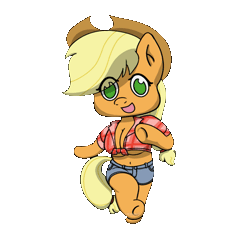 Size: 865x783 | Tagged: safe, artist:mranthony2, applejack, earth pony, anthro, unguligrade anthro, g4, animated, arm hooves, belly button, big breasts, breasts, busty applejack, chibi, cleavage, clothes, cute, dancing, female, gif, idolmaster, jackabetes, midriff, mio honda, open mouth, open smile, simple background, skipping, smiling, solo, step!, transparent background, underboob