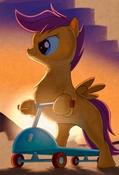 Size: 1072x1580 | Tagged: safe, artist:hoofy_0415, scootaloo, pegasus, pony, g4, determined look, scooter, solo, spread wings, sunset, wings