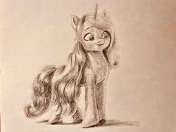 Size: 4032x3024 | Tagged: safe, artist:hoofy_0415, izzy moonbow, pony, unicorn, g5, alternate hairstyle, eyebrows, featured image, female, full body, high res, long mane, mare, monochrome, sketch, smiling, solo, traditional art