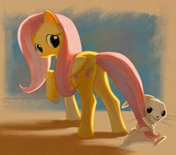 Size: 1813x1592 | Tagged: safe, artist:hoofy_0415, angel bunny, fluttershy, pegasus, pony, g4, butt, duo, eyelashes, female, folded wings, gritted teeth, looking at someone, looking back, male, plot, prehensile tail, raised hoof, smiling, tail, tail hold, teeth, tugging, wings