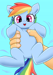 Size: 2894x4093 | Tagged: safe, artist:rainbowdashsuki, rainbow dash, human, pony, g4, blue background, cyan background, hand, holding a pony, simple background, small
