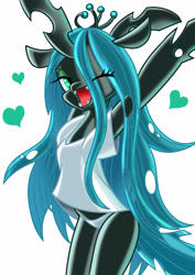 Size: 2894x4093 | Tagged: safe, artist:rainbowdashsuki, queen chrysalis, changeling, changeling queen, semi-anthro, g4, arm hooves, clothes, female, heart, panties, shirt, simple background, solo, stretching, underwear, white background
