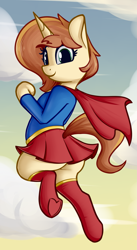 Size: 1569x2865 | Tagged: safe, artist:andelai, oc, oc:celice, pony, unicorn, semi-anthro, arm hooves, butt, cape, clothes, costume, dc comics, female, implied tail hole, miniskirt, plot, schrödinger's pantsu, skirt, solo, supergirl, superhero, tail