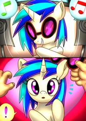 Size: 2894x4093 | Tagged: safe, artist:rainbowdashsuki, dj pon-3, vinyl scratch, human, pony, unicorn, g4, exclamation point, female, glasses, hand, mare