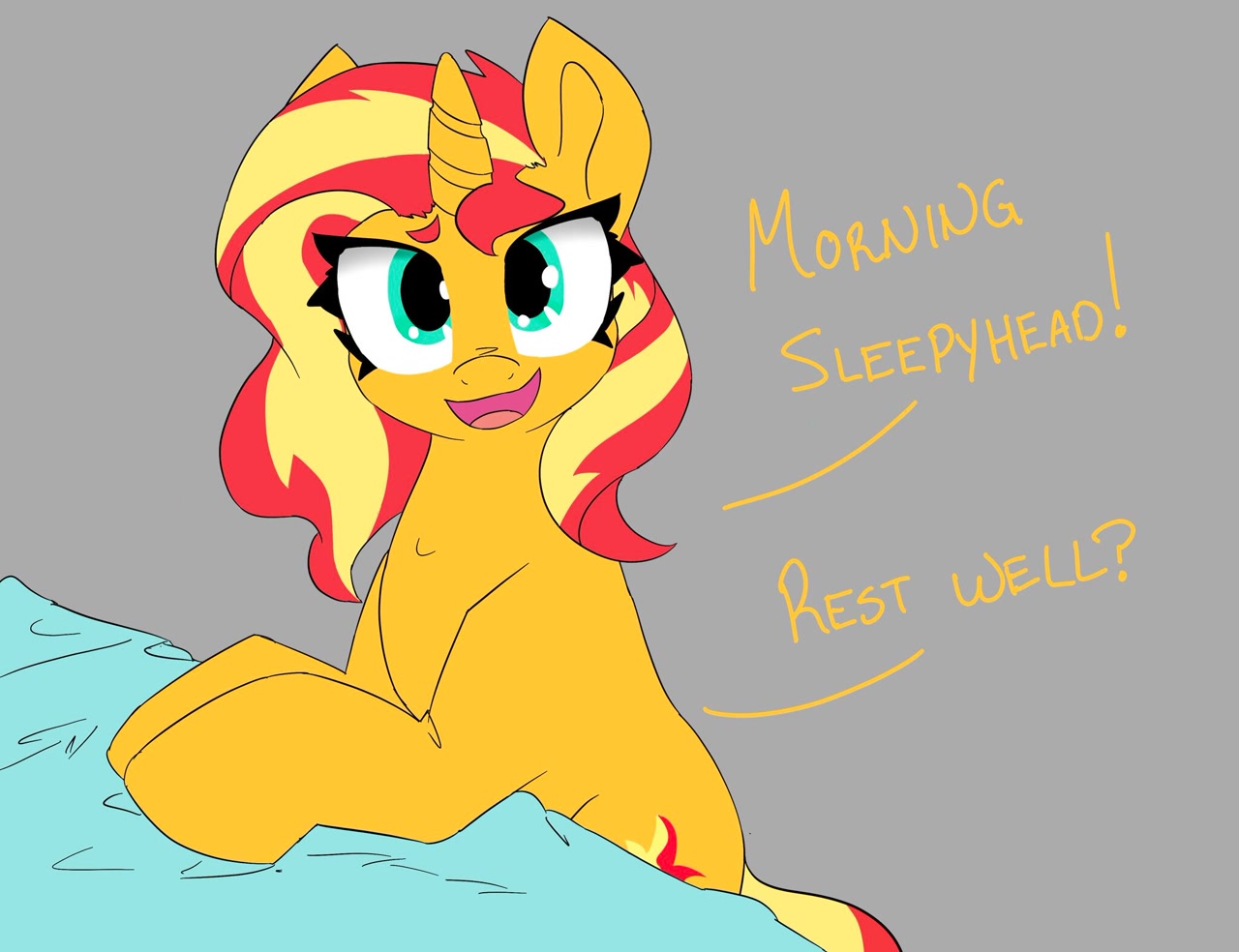 [bed,cute,dialogue,looking at you,morning ponies,safe,simple background,solo,unicorn,sunset shimmer,shimmerbetes,good morning,gray background,artist:2hrnap]