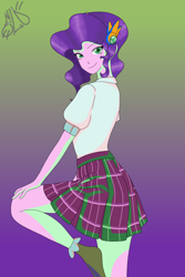 Size: 4134x6201 | Tagged: safe, artist:elovital, pipp petals, human, equestria girls, g4, g5, my little pony equestria girls: friendship games, absurd resolution, clothes, crystal prep academy uniform, equestria girls-ified, eye clipping through hair, eyebrows, eyebrows visible through hair, female, g5 to equestria girls, g5 to g4, generation leap, gradient background, green eyes, happy, looking at you, pose, purple hair, school uniform, schoolgirl, signature, skinny pipp, smiling, smiling at you, solo