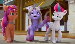 Size: 1963x1153 | Tagged: safe, screencap, elder flower, sunny starscout, zipp storm, earth pony, pegasus, pony, unicorn, father of the bridlewood, g5, my little pony: make your mark, my little pony: make your mark chapter 5, spoiler:g5, spoiler:my little pony: make your mark, awning, elderly, female, looking up, mare, old, raised hoof, road, sidewalk, street, trio, trio female, trio focus, zephyr heights