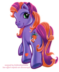 Size: 512x623 | Tagged: safe, pumpkin delight, earth pony, pony, g3, official, butt, closed mouth, female, fun days in ponyville: storybook and playset, hoof heart, looking at you, looking back, looking back at you, mare, not pumpkin tart, not twinkle twirl, prototype, scanned, simple background, smiling, solo, stock vector, text, underhoof, walking, white background