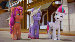 Size: 1920x1078 | Tagged: safe, screencap, elder flower, sunny starscout, zipp storm, earth pony, pegasus, pony, unicorn, father of the bridlewood, g5, my little pony: make your mark, my little pony: make your mark chapter 5, spoiler:g5, spoiler:my little pony: make your mark, spoiler:my little pony: make your mark chapter 5, spoiler:mymc05e04, animated, bag, city, cityscape, elderly, excited, female, flying, galloping, mare, old, public, shop, shopping, shopping bag, sound, street, tower, webm, zephyr heights