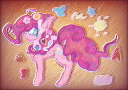 Size: 800x567 | Tagged: safe, pinkie pie, earth pony, pony, g4, balloon, cake, candy, cupcake, female, food, heart, newbie artist training grounds, smiley face, solo, starry eyes, stars, wingding eyes