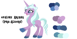 Size: 931x473 | Tagged: safe, artist:westrail642fan, opaline arcana, crystal pony, pony, unicorn, rise and fall, g5, alternate universe, base used, concave belly, female, reference sheet, simple background, slender, thin, white background