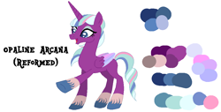 Size: 931x473 | Tagged: safe, alternate version, artist:westrail642fan, opaline arcana, alicorn, crystal pony, pony, rise and fall, g5, alternate hairstyle, alternate universe, base used, concave belly, female, reference sheet, simple background, slender, thin, white background