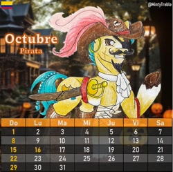 Size: 983x979 | Tagged: safe, artist:mintytreble, hitch trailblazer, earth pony, pony, g5, my little pony: a new generation, calendar, clothes, costume, disguise, eyepatch, eyepatch (disguise), facial hair, facial scar, hat, male, pirate, pirate hat, scar, solo, spanish, sword, traditional art, weapon