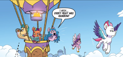 Size: 1098x512 | Tagged: safe, idw, official comic, hitch trailblazer, izzy moonbow, pipp petals, sunny starscout, zipp storm, earth pony, pegasus, pony, unicorn, g5, spoiler:comic, spoiler:g5comic, spoiler:g5comic17, balloon, binoculars, book, cloud, dialogue, female, flying, hot air balloon, male, mane five, mare, open mouth, open smile, royal sisters (g5), siblings, sisters, smiling, speech bubble, spread wings, stallion, swapped cutie marks, wings, yelling
