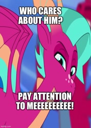 Size: 500x701 | Tagged: safe, edit, edited screencap, screencap, blaize skysong, lava (g5), dragon, g5, lavarynth, my little pony: tell your tale, spoiler:g5, spoiler:my little pony: tell your tale, spoiler:tyts01e62, caption, dragon lands, dragoness, duo, duo male and female, female, image macro, male, meme, solo focus, talking to viewer, text