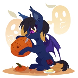 Size: 3000x3000 | Tagged: safe, artist:belka-sempai, oc, oc only, bat pony, pony, bat pony oc, halloween, high res, knife, pumpkin, pumpkin carving, simple background, solo, tongue out, transparent background