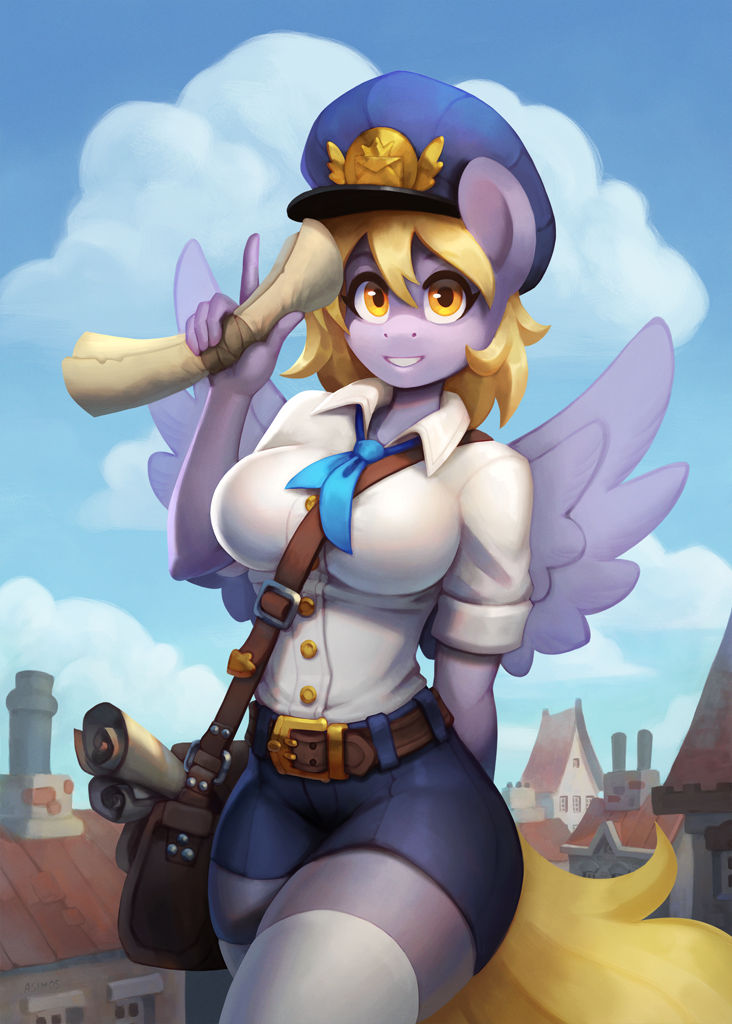 [anthro,bag,breasts,clothes,derpy hooves,female,grin,looking at you,mailbag,mailmare,miniskirt,pegasus,safe,scroll,skirt,solo,stockings,thigh highs,underp,artist:asimos,smiling,smiling at you,busty derpy hooves]