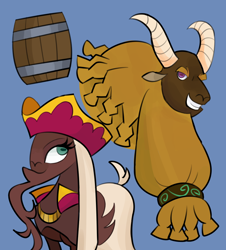 Size: 1060x1171 | Tagged: safe, artist:nonameorous, captain bravura (tfh), goat, them's fightin' herds, barrel, beard, blue background, chains, community related, duo, facial hair, first mate ruvido (tfh), hat, horns, jewelry, looking up, pirate, pirate hat, simple background, smiling