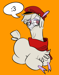 Size: 920x1164 | Tagged: safe, artist:nonameorous, oc, oc only, oc:nonameorous, alpaca, them's fightin' herds, :3, clothes, cloven hooves, community related, glasses, hat, looking away, orange background, scarf, simple background, sitting, solo, speech bubble