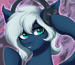 Size: 2662x2286 | Tagged: safe, artist:alunedoodle, oc, oc:vladivoices, earth pony, pony, bust, half bat pony, headphones, high res, looking at you, portrait, smiling, smiling at you, solo