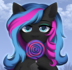 Size: 2643x2547 | Tagged: safe, artist:alunedoodle, oc, oc:obabscribbler, earth pony, pony, bust, candy, female, food, high res, lollipop, looking at you, portrait, solo