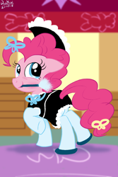 Size: 1600x2400 | Tagged: safe, artist:dashyoshi, pinkie pie, earth pony, pony, g4, blushing, bow, butt, clothes, cute, diapinkes, dress, duster, hair bow, looking at you, maid, maid headdress, mouth hold, pinkie maid, pinktober, plot, smiling, smiling at you, solo, sugarcube corner, tail, tail bow