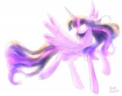 Size: 2048x1623 | Tagged: safe, artist:petaltwinkle, twilight sparkle, alicorn, pony, g4, blank eyes, ethereal mane, ethereal tail, female, flowing mane, glowing, glowing eyes, long legs, mare, signature, simple background, solo, spread wings, starry mane, tail, tall, turned head, twilight sparkle (alicorn), ultimate twilight, white background, wings