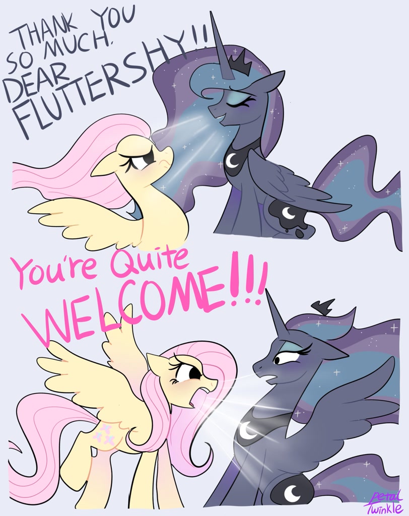 [alicorn,artist:mickeymonster,assertive fluttershy,blushing,comic,duo,eyes closed,female,fluttershy,luna eclipsed,mare,pegasus,pony,princess luna,redraw,remake,safe,signature,simple background,traditional royal canterlot voice,windswept mane,yelling,blue background,ears back,artist:petaltwinkle]