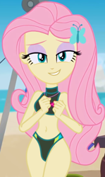 Size: 764x1280 | Tagged: safe, edit, edited screencap, screencap, fluttershy, equestria girls, g4, my little pony equestria girls: better together, too hot to handle, beach, bedroom eyes, bikini, clothes, female, looking at you, skinny, smiling, smiling at you, solo, swimsuit, thin