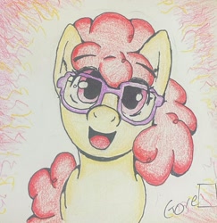 Size: 2180x2242 | Tagged: safe, artist:gorebox, twist, earth pony, pony, g4, colored pencil drawing, female, filly, foal, glasses, high res, ink, looking at you, open mouth, open smile, smiling, traditional art