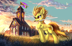 Size: 5000x3198 | Tagged: safe, artist:atlas-66, spitfire, pegasus, pony, g4, banner, chest fluff, female, flag, flag pole, flag waving, folded wings, high res, mare, minecraft, mouth hold, solo, stained glass, sword, weapon, wings