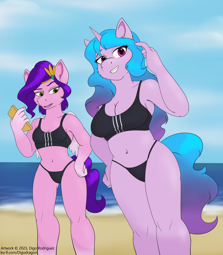 [anthro,big breasts,breasts,clothes,g5,pegasus,safe,sports bra,unicorn,breast envy,small breasts,izzy moonbow,busty izzy moonbow,pipp petals,artist:thedigodragon,medium support]