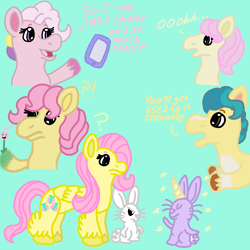Size: 2000x2000 | Tagged: safe, artist:mintwhistle, derpibooru exclusive, angel bunny, fluttershy, fluttershy (g3), hitch trailblazer, posey, sky skimmer, bunnycorn, earth pony, pegasus, pony, rabbit, mlp fim's thirteenth anniversary, g1, g2, g3, g4, g5, amazed, angel bunny is not amused, baffled, bewildered, bust, cellphone, coat markings, colored hooves, confused, dialogue, earth pony magic, exclamation point, eyes closed, feathered fetlocks, female, floating, flower, folded wings, frown, full body, glowing, glowing hooves, green background, hi, high res, hitch and his 2nd heroine, horn, interrobang, jealous, magic, magic glow, male, mare, medibang paint, oooooh, open mouth, open smile, pale belly, phone, pointing, question mark, septet, simple background, smartphone, smiley face, smiling, socks (coat markings), sparkles, stallion, teal background, turquoise background, unamused, unshorn fetlocks, wings