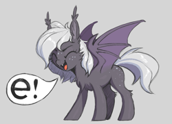 Size: 769x557 | Tagged: safe, artist:shydale, oc, oc only, oc:reeree, bat pony, pony, aggie.io, bat pony oc, bat wings, chest fluff, cute, e, ear fluff, eeee, eyes closed, fangs, freckles, gray background, magma.com, ocbetes, open mouth, simple background, solo, speech bubble, wings