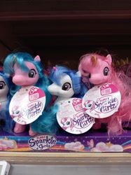 Size: 2048x2731 | Tagged: safe, pony, unicorn, bootleg, choking hazard, colored horn, female, heart, heart eyes, high res, horn, incorrect hair placement, mare, photo, toy, trio, wingding eyes, zuru sparkle girlz