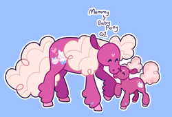 Size: 2082x1416 | Tagged: safe, artist:goatpaste, baby pony (g1), mommy pony, earth pony, pony, g1, blue background, duo, eyes closed, female, foal, heart, heart mark, mare, mother and child, nuzzling, raised hoof, simple background, tail, unshorn fetlocks