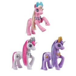 Size: 1200x1200 | Tagged: safe, pony, unicorn, amazon.com, bootleg, bow, colored horn, female, hair bow, horn, jewelry, mare, necklace, raised hoof, rearing, simple background, standing, trio, white background, zuru pets alive