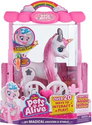 Size: 1095x1500 | Tagged: safe, pony, unicorn, ages 3+, bow, carrot, choking hazard, colored horn, concave belly, female, food, hair bow, horn, jewelry, mare, necklace, photo, simple background, solo, tinsel, toy, white background, zuru pets alive