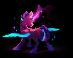 Size: 3127x2500 | Tagged: safe, artist:kraytt-05, oc, oc only, oc:light sword, alicorn, pony, alicorn oc, black background, butt, colored wings, colored wingtips, facing away, high res, horn, male, neon, offspring, parent:flash sentry, parent:twilight sparkle, parents:flashlight, plot, simple background, solo, sparkles, spread wings, stallion, wings