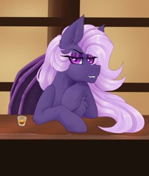 Size: 1042x1230 | Tagged: artist needed, safe, oc, oc:lilac night, bat pony, bar, bedroom eyes, cute, drink, female, looking at you, mare, smiling