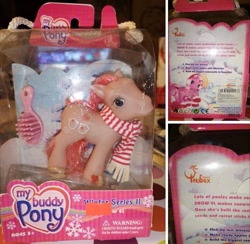 Size: 1125x1098 | Tagged: safe, snow'el, earth pony, pony, g3, ages 3+, barcode, bootleg, brush, clothes, female, mare, my buddy pony, photo, scarf, solo, striped scarf, toy