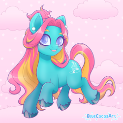 Size: 2048x2048 | Tagged: safe, artist:bluecocoaart, mommy bonheur, earth pony, pony, g2, blushing, cloud, ear piercing, earring, female, high res, jewelry, looking at you, mare, open mouth, open smile, piercing, smiling, solo, stars, tail, unshorn fetlocks